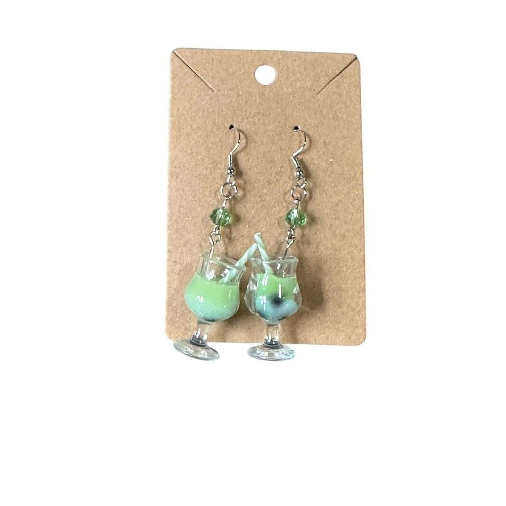 Handmade Green Cocktail Drink Drop Earrings Novelty Food Jewelry Summer Kitsch